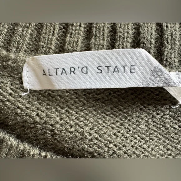 Altar'd State Olive Sweater with Cream Flower Sleeves - Picture 3 of 5